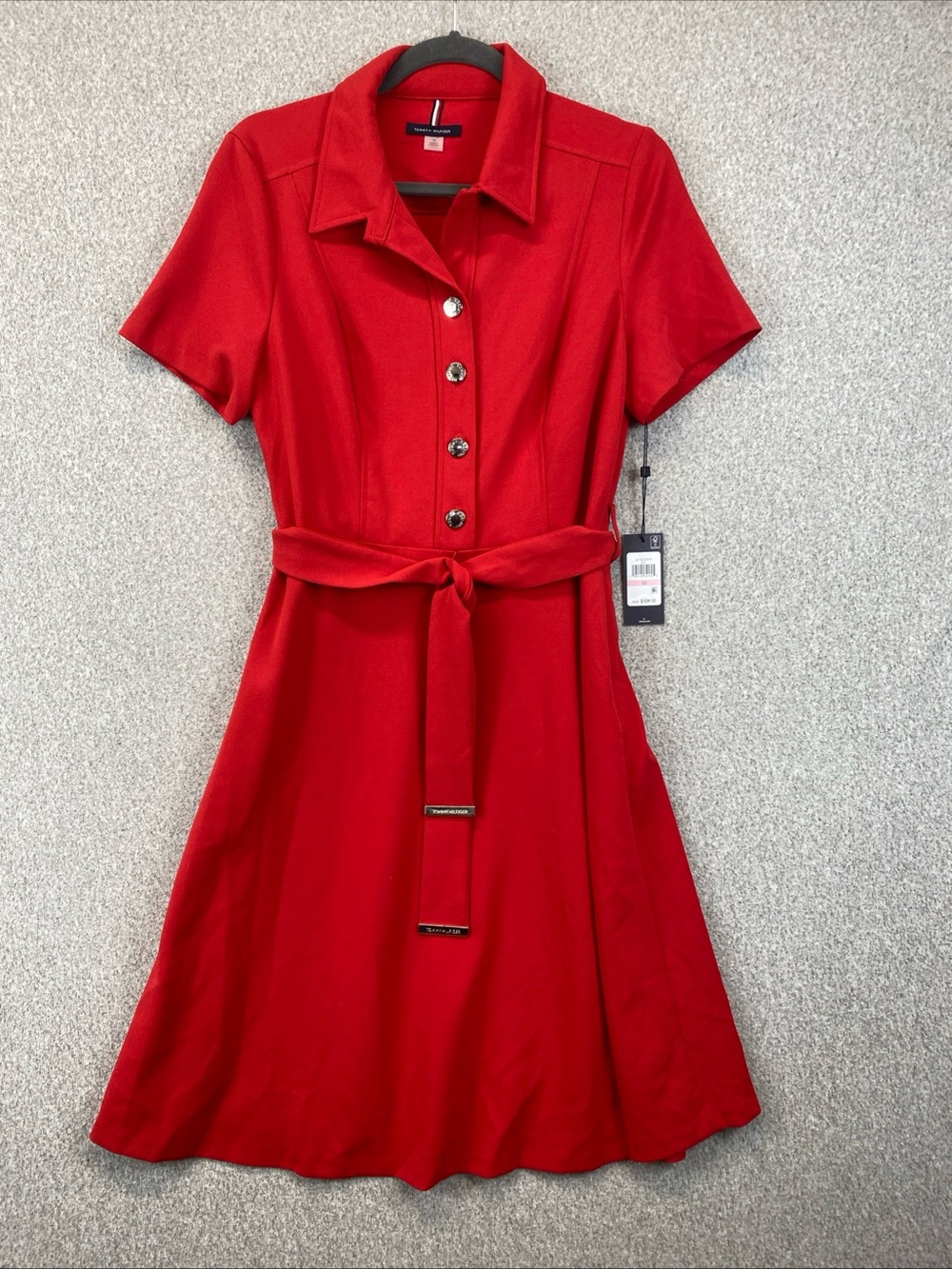 Tommy Hilfiger Shirt Dress w/Tie Belt Women’s Size 10 Bright Red Gold 70’s Glam